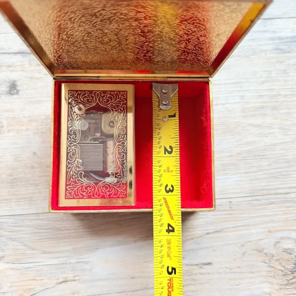 Vintage Jewelry Box Music Brass Floral Embroidered Sankyo Gold Tone Red Velvet
